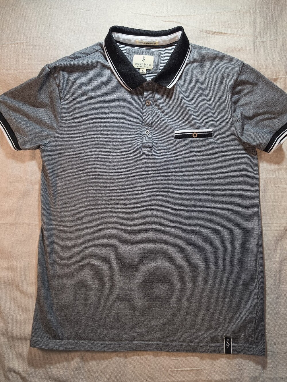 Scott James Men's Grey Striped Polo Shirt with Contrast Collar